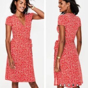Boden Summer Wrap Dress Orange Olive Branch Print Stretch Coquette Sz 6R